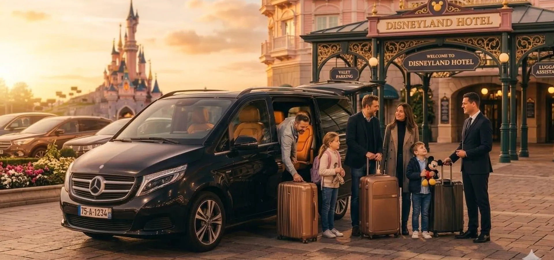 Family arriving at Disneyland Paris by private transfer