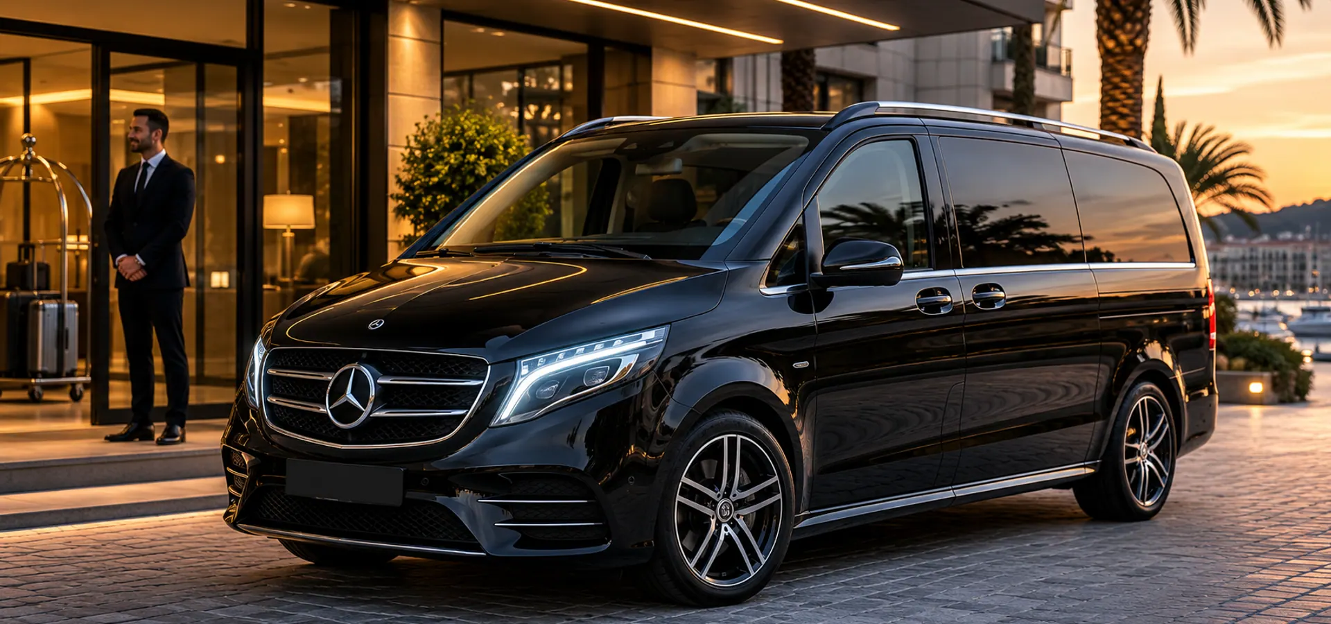 Mercedes chauffeur car on the French Riviera at dusk